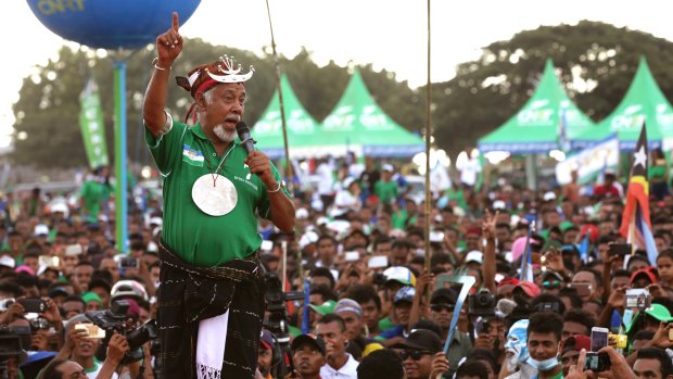 Former East Timorese president Xanana Gusmao speaks to supporters during a campaign rally in Dili on Tuesday.