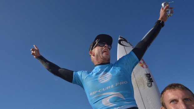 Triumph: Mick Fanning after winning his fourth Bells title.