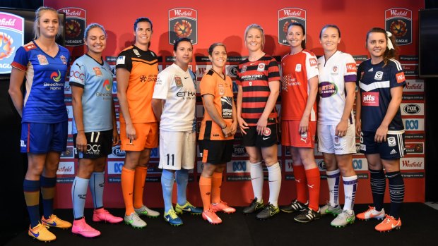 Gearing up for the season ahead: Players from each of the nine W-League clubs at Monday's launch.