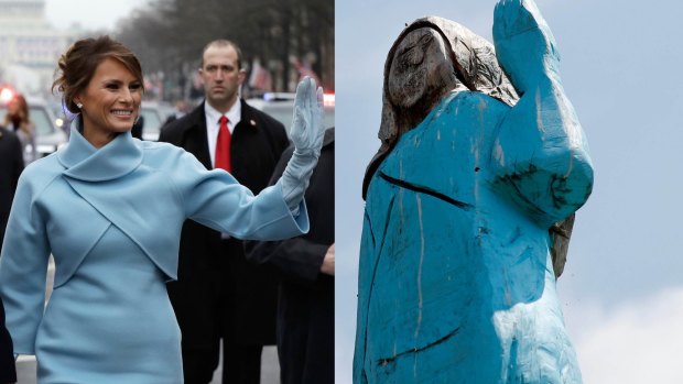 Although the statue's face is rough-hewn and unrecognisable, the figure is shown clothed in the pale blue wraparound coat that Melania wore at Donald Trump's inauguration as US president.