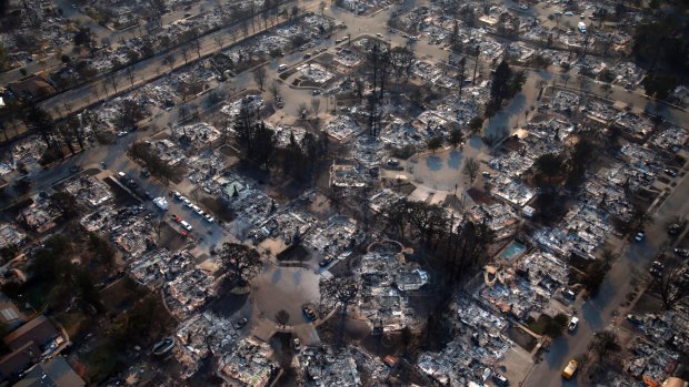 The Coffey Park neighborhood of Santa Rosa, California, resembles a war zone. 
