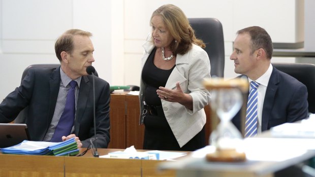 Attorney-General Simon Corbell with Education Minister Joy Burch and Chief Minister Andrew Barr before Question Time at the ACT Legislative Assembly on Thursday.