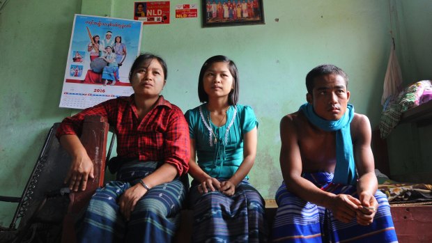 The home in the village of Kaw Hmu where Aung San Suu Kyi is nominally registered to represent the electorate, family members (from left) Khin Myo, her daughter, Nant Thuzar Lwin and nephew Sa Zwe Min Htet.