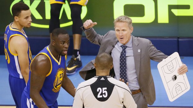 Question time: Golden State Warriors head coach Steve Kerr and forward Draymond Green dispute a flagrant foul call.