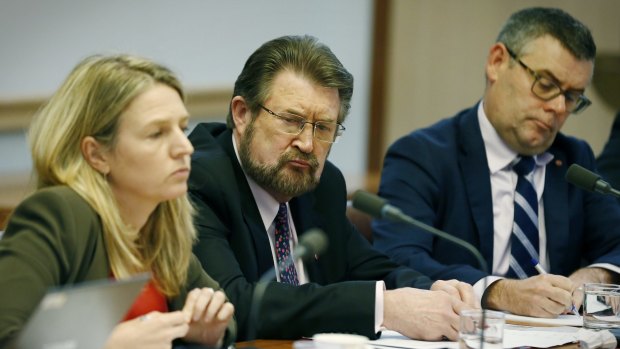 Senator Derryn Hinch (middle) clashed with Gillian Triggs over the Bill Leak case.