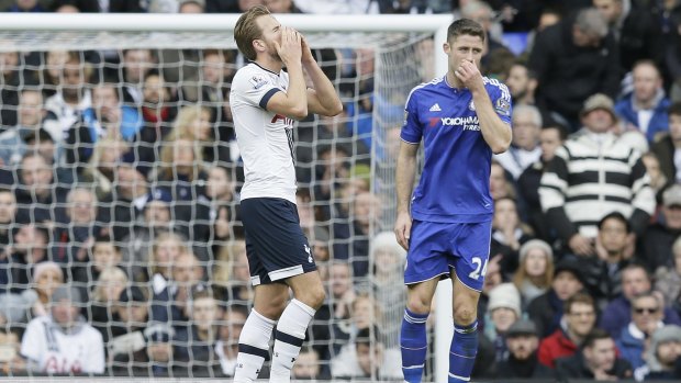 Bore draw: Harry Kane looks dejected after missing a rarely-seen chance in Sunday's clash with Chelsea.