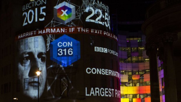 BBC's Broadcasting House with the results of exit polls. 