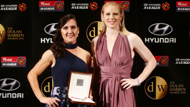 Matildas players Lisa De Vanna and Clare Polkinghorne who received the women's top gong on behalf of winner Ashleigh Sykes.