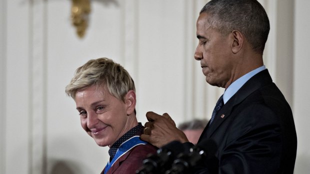 Ellen DeGeneres receives the Presidential Medal of Freedom from Barack Obama on November 22, 2016.