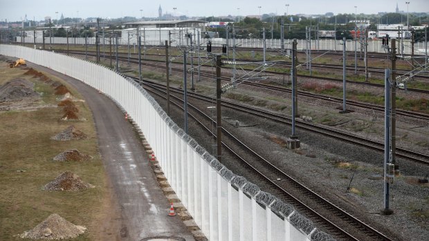 A security fence, funded by Britain to counter attempts by migrants to board cross-channel trains in Calais.
