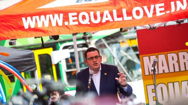 Premier Daniel Andrews addresses the crowd at the Equal Love Rally in June.