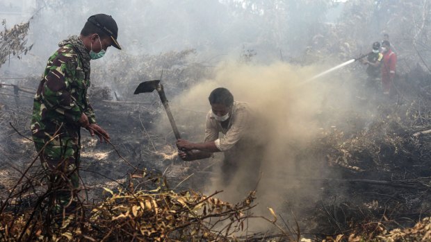 Villagers and military personnel work to contain a wildfire on a field in Rimbo Panjang, Indonesia.