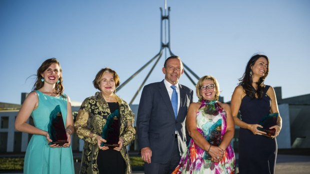 Prime Minister Tony Abbott with the 2015 Australian of the Year winners. From left, 2015 Young Australian of the Year Drisana Levitzke-Gray, 2015 Senior Australian of the Year Jackie French, 2015 Australia of the Year, Rosie Batty, and 2015 Local Hero Juliette Wright.