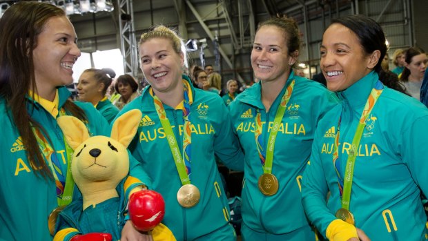 Golden achievement: Australian rugby sevens players at the Welcome Home event for the Australian Olympic Team in Sydney. 