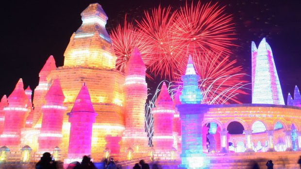 Fireworks at the opening ceremony of the Harbin International Ice and Snow Festival in Harbin, China. 