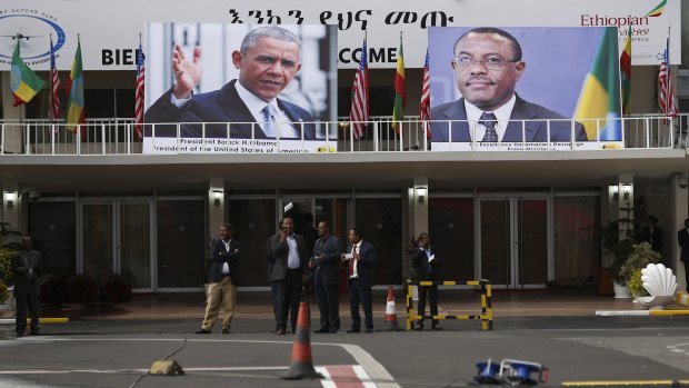 Portraits of US President Barack Obama and Ethiopian Prime Minister Hailemariam Desalegn decorate the airport terminal  in Addis Ababa.