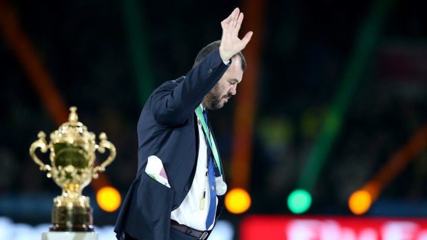 Disappointed: Wallabies coach Michael Cheika waves to the crowd following their defeat in the 2015 Rugby World Cup final against New Zealand. 