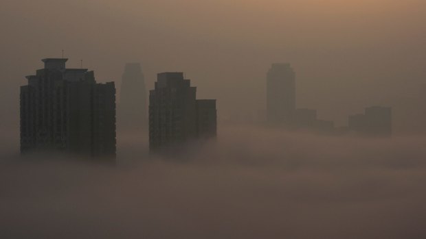 Heavy air pollution in Wuhan city in China in February. 