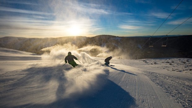 Snow at Mount Hotham as Victoria shivers through a freezing weekend.