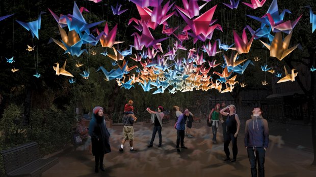 Artist's impression of Vivid 2018 light exhibit, 1000 Cranes. 