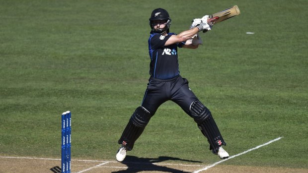 Kane Williamson is airborne as he plays an unorthodox shot during his knock of 112