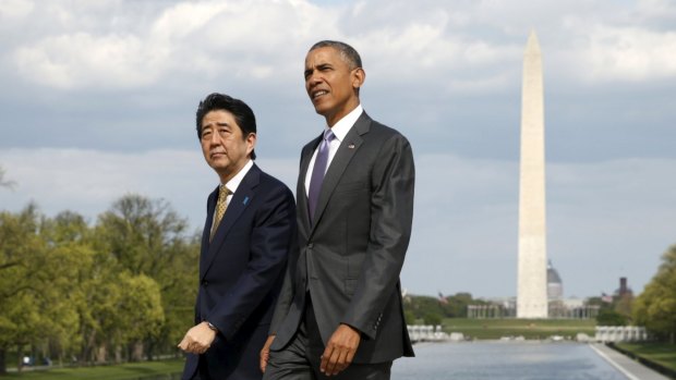 Japanese Prime Minister Shinzo Abe and US President Barack Obama visit the Lincoln Memorial in Washington during the Japanese leader's week-long visit to the US in April. 
