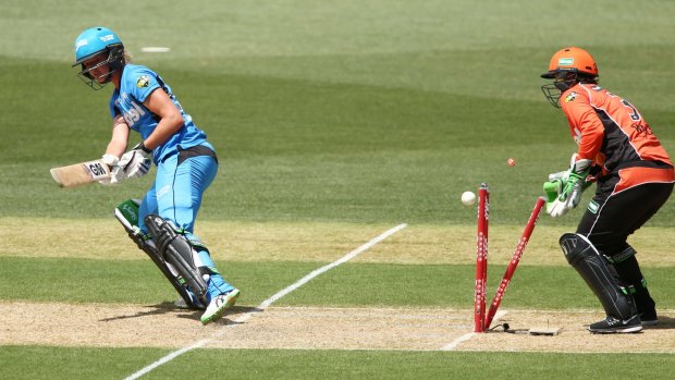 Strikers' top-scorer Sarah Taylor is bowled by Nicky Shaw (not in picture) after attempting a ramp shot.