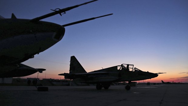 Russian Su-25 ground attack jets parked after returning from Syria, at a Russian air base in Primorsko-Akhtarsk, southern Russia, on Wednesday. 