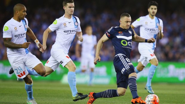 Besart Berisha of the Victory kicks the ball during the round two A-League match between Melbourne Victory and Melbourne City at Etihad Stadium.