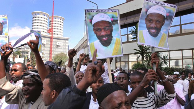 Placards showing Sheik Abdullah el-Faisal are held up by demonstrators in Nairobi, Kenya, protesting the 2010 arrest of the radical Jamaican-born Muslim cleric.