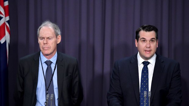 Commissioner of the Australian Charities and Not-for-profits Commission Dr Gary Johns and Assistant Minister to the Treasurer Michael Sukkar at a press conference at Parliament House.