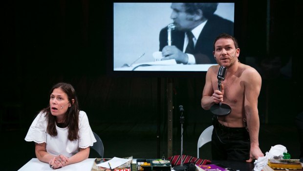Maura Tierney and Ari Fliakos in The Town Hall Affair in New York.