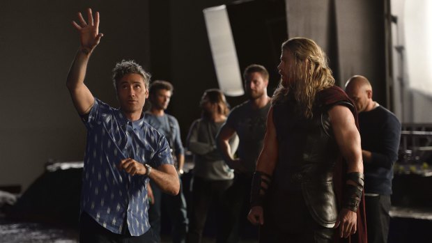 Director Taika Waititi and Chris Hemsworth on the set of Thor: Ragnarok. 
