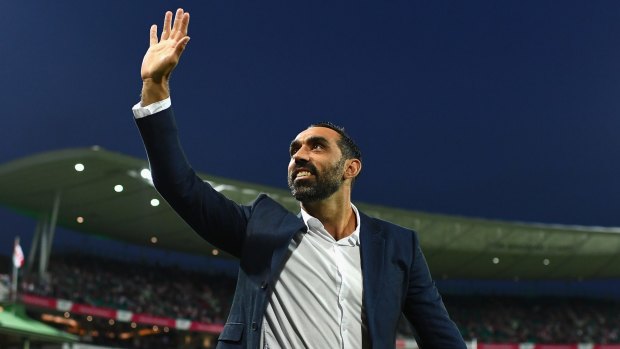 A fond farewell: Former Swans player Adam Goodes thanks the crowd during a lap of honour at Sydney Cricket Ground before the game against GWS.