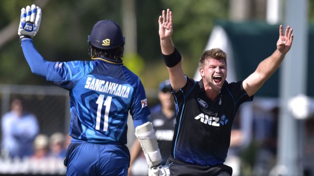 Man-of-the-match Corey Anderson appeals for an LBW against Sri Lanka's Thisara Perera (not in picture).