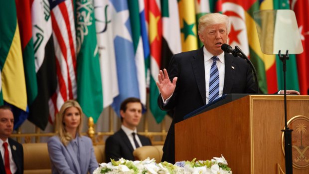 Jared Kushner looks on as Donald Trump delivers his speech to the Arab Islamic American Summit in Riyadh.