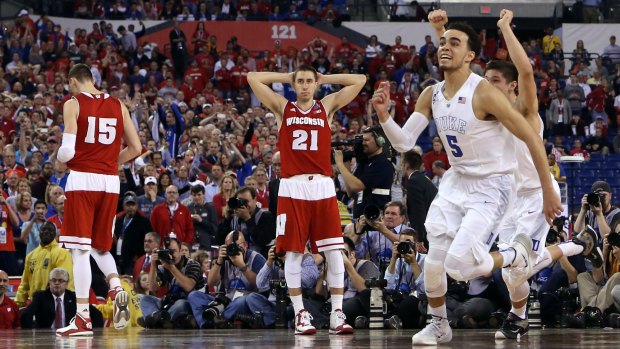 Duke's Tyus Jones and Grayson Allen react after defeating the Wisconsin Badgers.
