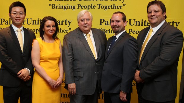 Clive Palmer (centre), in happier times for his party with (from left) Dio Wang and the since departed Jacqui Lambie, Rick Muir and Glenn Lazarus.
