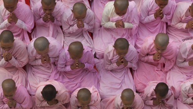 Young nuns in prayer, Myanmar.