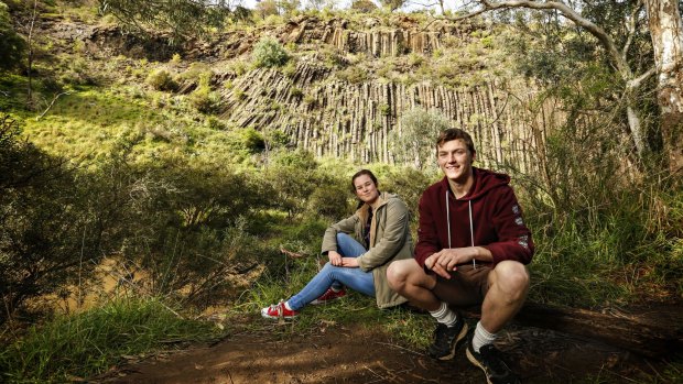 Amber Karras and Adam Lacy take in the views at the Organ Pipes National Park in Keilor, 25 kilometres north of Melbourne.