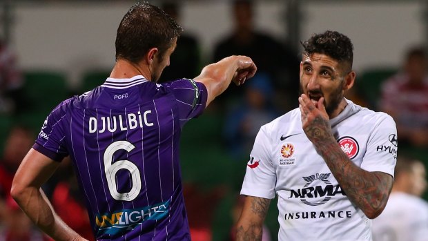 Pointing fingers: Dino Djulbic and Kerem Bulut during the Glory's clash with the Wanderers.