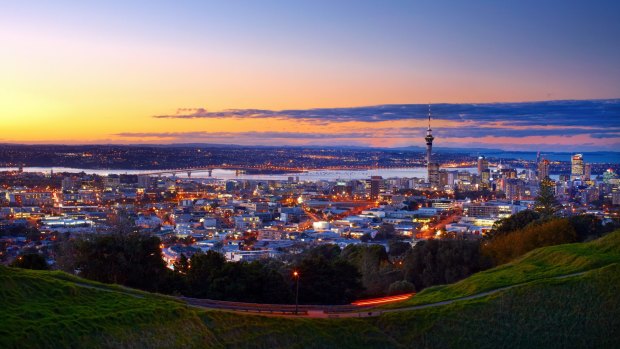 An evening view of Auckland city from Mount Eden.