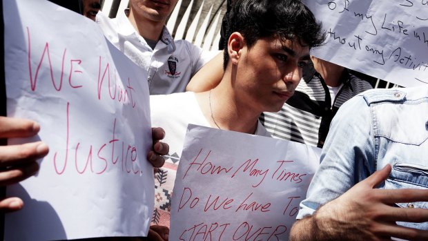 Refugees stranded in Indonesia protest outside the office of the UNHCR in Jarkata.