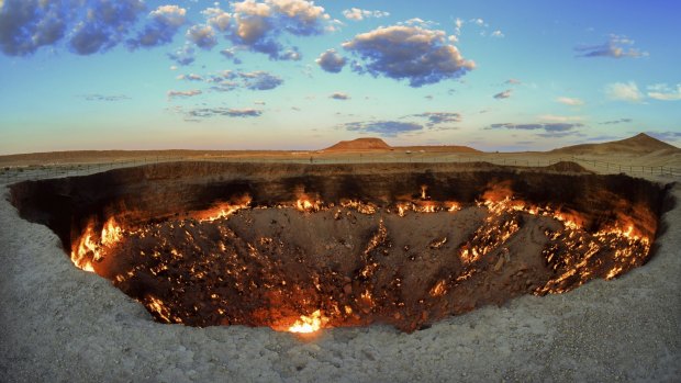 The crater fire named "Gates of Hell" is seen near Darvaza, Turkmenistan.