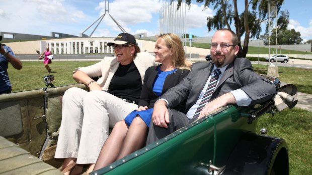 Labor Senator Kate Lundy, Liberal MP Fiona Scott and Senator Ricky Muir launch the Parliamentary Friends of Motoring in December 2014.