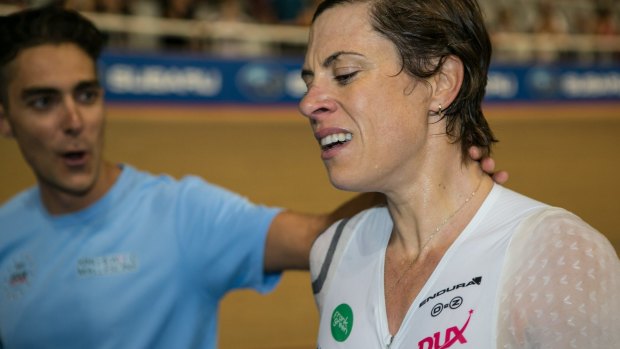 Bridie O’Donnell after setting a new mark for the UCI Hour Record with a distance of 46.882km.