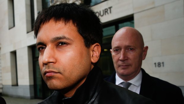 Navinder Singh Sarao, a British trader charged over his role in the 2010 US flash crash, left, leaves court on Wednesday. 