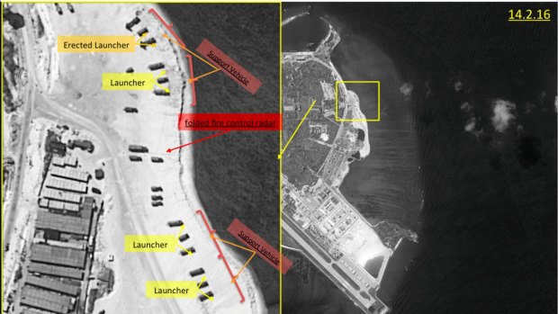 This image with notations provided by ImageSat International N.V., in February shows satellite images of Woody Island. A US official confirmed that China has placed a surface-to-air missile system on the island.