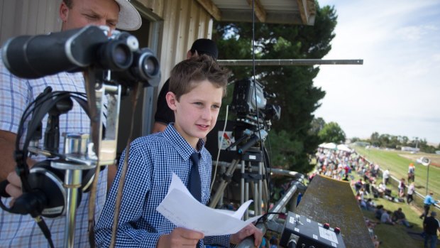 Dayne Barry, 13, prepares to call race 4 at Burrumbeet.