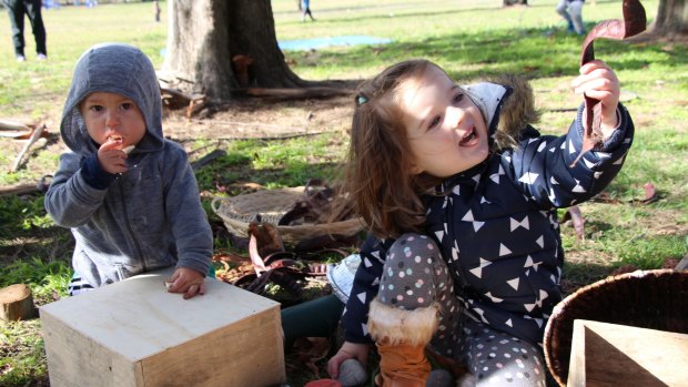 Two Canberra children enjoy playing outside at the Nature Play CBR launch on Thursday.